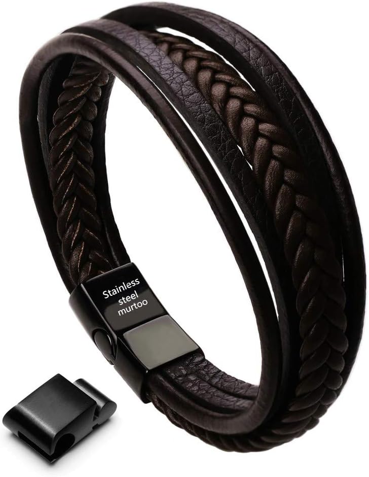Murtoo Mens Leather Bracelet with Clasp Cowhide Multi-Layer Braided Leather Mens Bracelet - Image 1